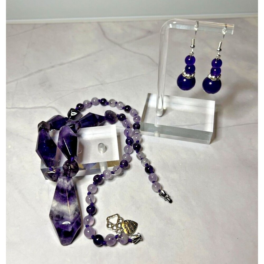 Chevron Amethyst Nugget Bead Necklace & Amethyst/Rhinestone Earring Set, (0136)